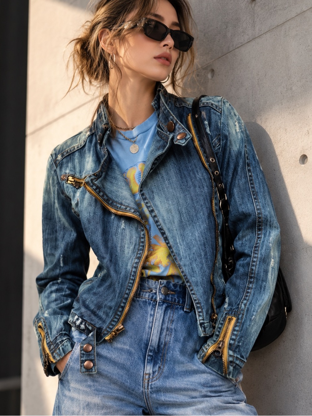 Blue Collection Blue Denim Distressed Moto Jean Jacket Size Medium